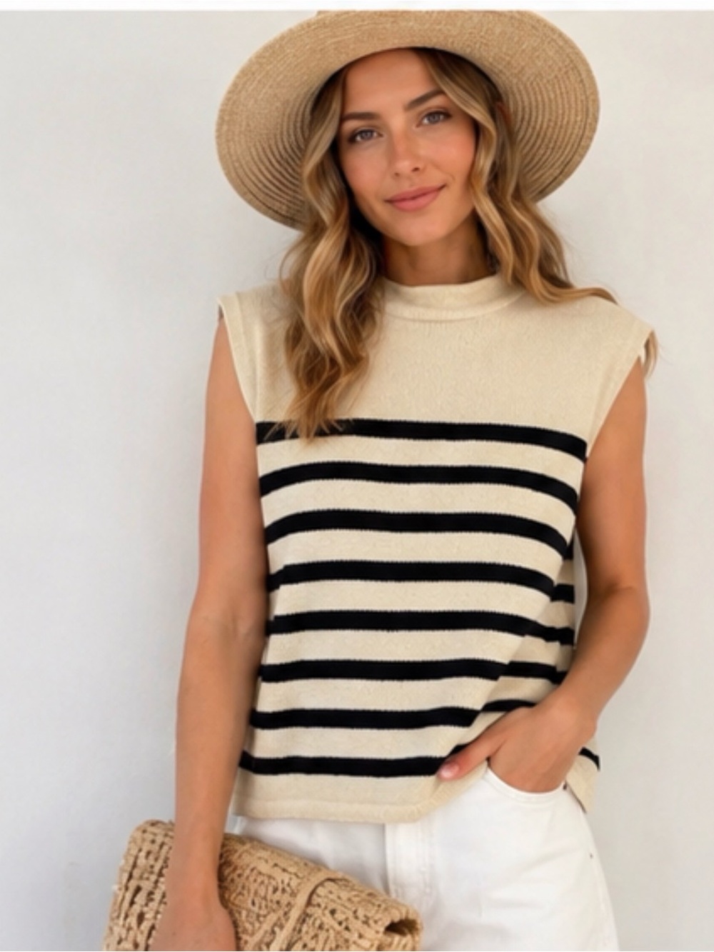 Vintage Elisabeth Liz& Co classic Sleeveless Striped Knit Top in Cream and Black